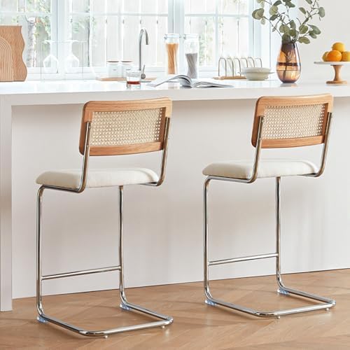 GrandNoor Natural Rattan Counter Height Stools Set of 2 with Solid Wood Back,...