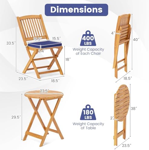GIANTEX 3 Pieces Acacia Wood Bistro Set, Outdoor Folding Table & Chairs