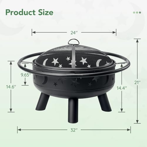 32 Inch Round Fire Pit with Mesh Cover, Fire Poker, Star and Moon Design, Met...