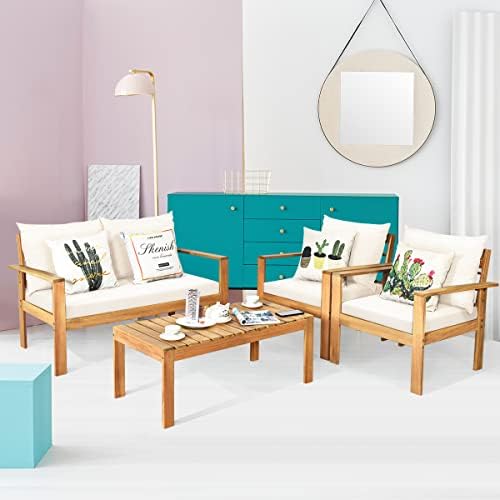 HAPPYGRILL 4 Piece Patio Furniture Set Outdoor Conversation Set Wood Sofa Tab...