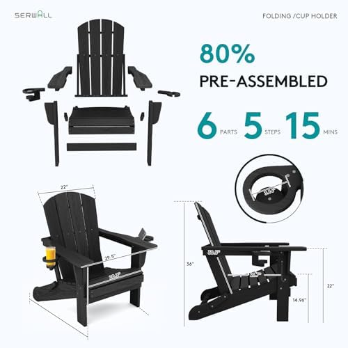 SERWALL Outdoor Adirondack Chair Set of 2 with Cup Holders,Foldable,Black