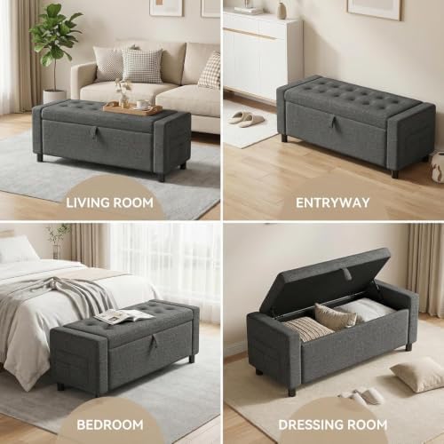 Amada 46" Storage Ottoman Bench, Side Pocket, Safety Hinge, Dark Gray
