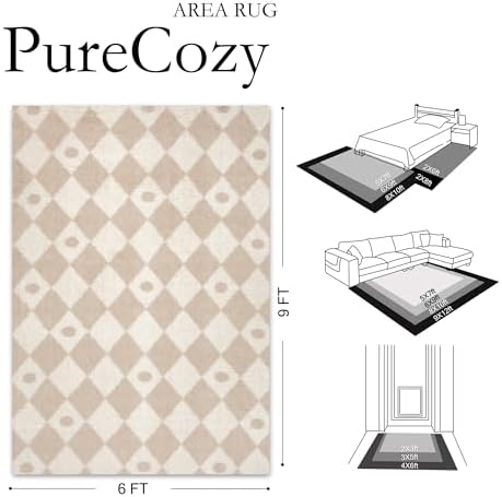 PureCozy Beige 6x9 Area Rug for Living Room Soft Checkered Shag Carpet