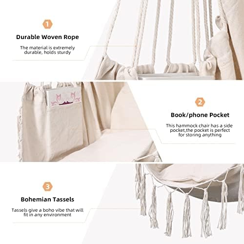 Goutime Hammock Chair,Hanging Rope Ceiling Swing with 2 Cushions, Macrame Boh...