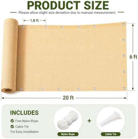 90% Outdoor Sun Shade Cloth, 6’ x 20’, Pergola, Deck, and Backyard Patio Suns...