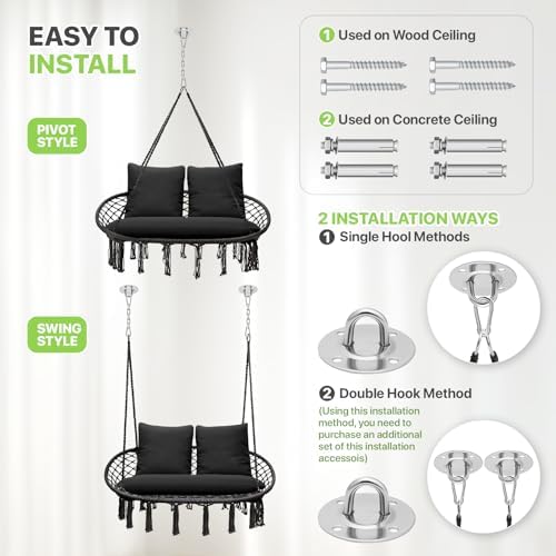 Magshion 2-Person Macrame Hanging Hammock Swing Chair, Black