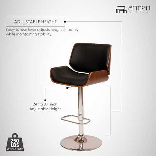 Armen Living London Modern Adjustable Height Swivel Black Faux Leather and Wa...