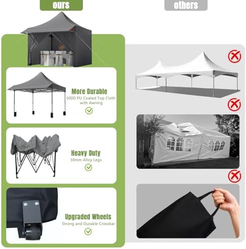10x10 Heavy Duty Pop Up Canopy Tent with Awning and Sidewalls, Grey