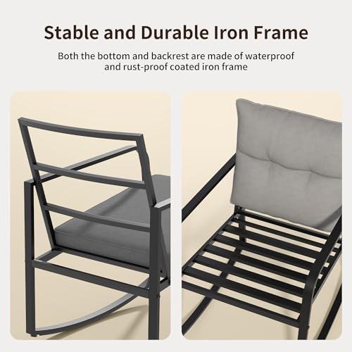 Gizoon 3 Piece Rocking Bistro Set, Black Steel Patio Furniture,Grey Cushion