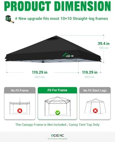 ACEPIC Upgraded 10x10 Canopy Replacement Top with Air Vent(Black, Top Only)