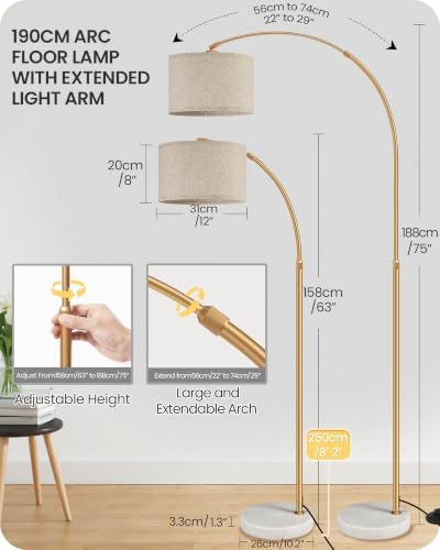 75" Arc Floor Lamp with Marble Base and Adjustable Height, Rotating Hang...