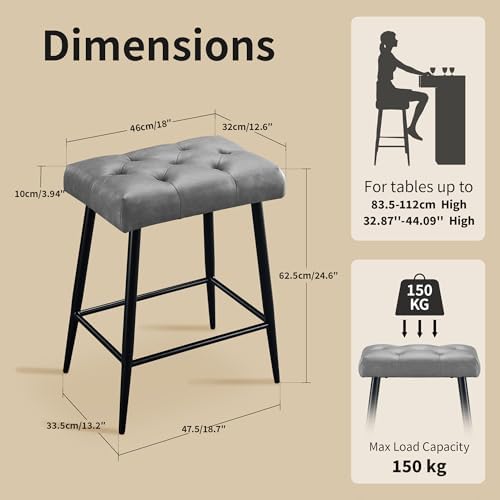 STOOLINK Faux Leather Bar Stools Set of 2, 24 Inch Modern Bar Stools, Grey
