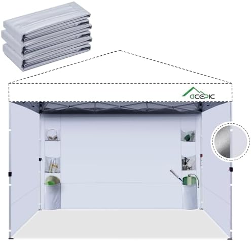 Acepic Instant Canopy Sidewalls 10x10 FT for Pop Up Canopy, Waterproof and UV Protection, 300D Polyester Canopy Walls with 6 Pockets, White/Silver(3PCS Sidewall Only, Canopy Tent NOT Included)