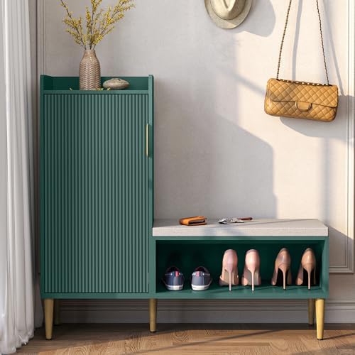 Storage Bench with Fluted Door&Shelf, L-Shaped Entryway Bench