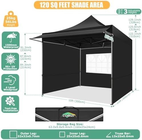 COBIZI 10x10 Pop Up Canopy Tent with Awning,Heavy Duty Canopies,Black