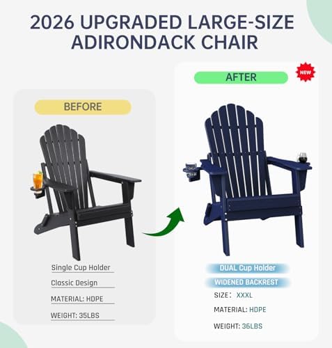 Plawdlik Oversized Folding Adirondack Chair Set of 2, Outdoor Chair, Navy