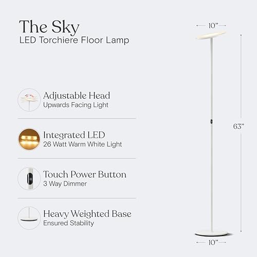 Brightech Sky LED Floor lamp, Torchiere Super Bright Floor Lamp for Living Ro...