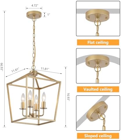 Industrial 4 Lights Chandelier, Gold Lantern Ceiling Light Fixtures with Rust...