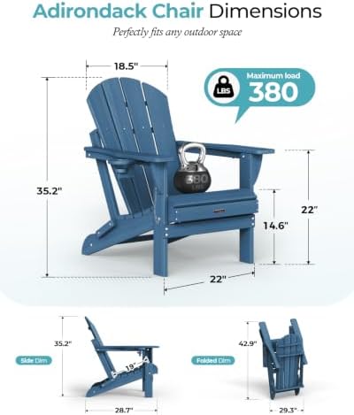 Ciokea Folding Adirondack Chair HDPE All-Weather Patio, Navy Blue