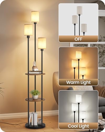 70.9" Floor Lamp with Shelves, Modern Floor Lamp with 3 Linen Shades and...