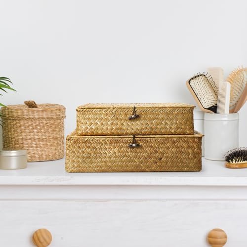 Didaey Set of 4 Seagrass Basket with Lid Wicker Storage Basket Decorative Sto...