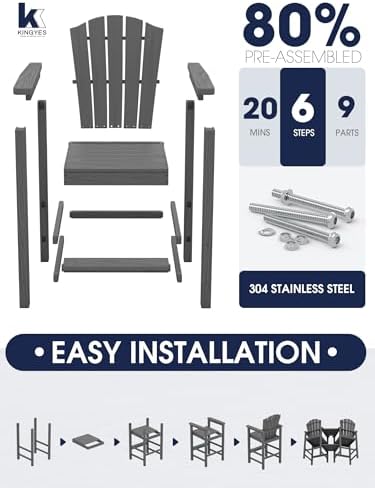 KINGYES Tall Adirondack Chair Set of 2 with Double Connecting Trays, Gray