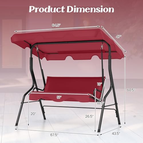 Tangkula 3 Person Porch Swing with Cushions & Canopy, Wine