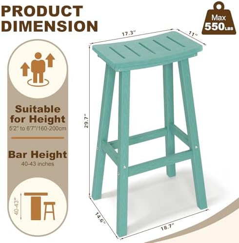 Outdoor Bar Stools Set of 2, 29" HDPE Bar Height Chairs
