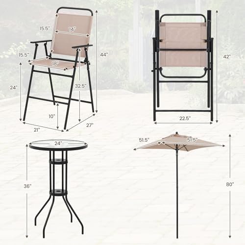 GIANTEX 4-Piece Outdoor Bar Set, Round High Top Bar Table with 2 Folding Coun...