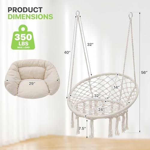 Magshion Macrame Hanging Hammock Chair with Cozy Full Cushion, Beige