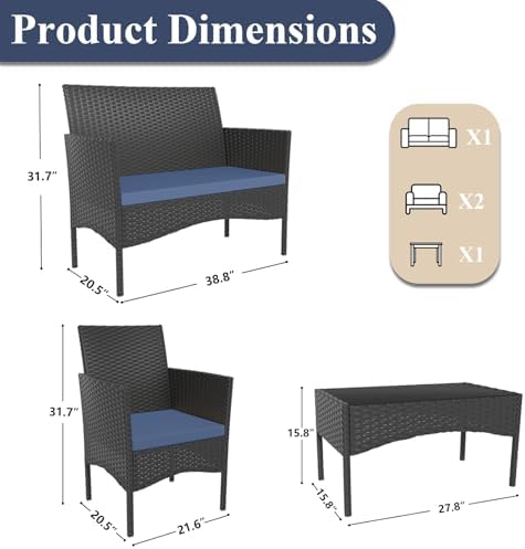 ALAULM 4 Pieces Patio Furnitrue Set Outdoor Patio Conversation Set Wicker Cha...
