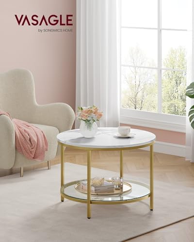 VASAGLE Round Coffee Table, 2-Tier, Faux Marble Top, Glass Storage Shelf