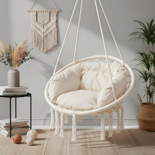 Monibloom Hanging Hammock Chair Macrame Swing with Cushion, Beige