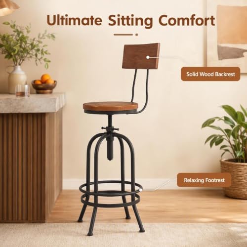 Set of 2-Industrial Bar Stools with Backrest-Swivel Wood Seat-Bar Counter Hei...