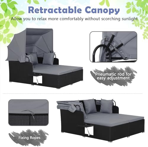 Tangkula Patio Rattan Daybed with Retractable Canopy, Outdoor Wicker Sunbed L...