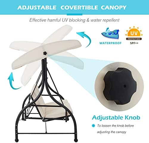 AECOJOY 3-Seat Outdoor Patio Swing With Canopy, Converting Porch Hammock, Adj...