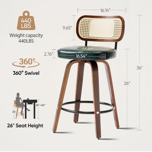 KEEZY Natural Rattan Bar Stools Set of 2, 26 Inch Counter Height Barstools wi...