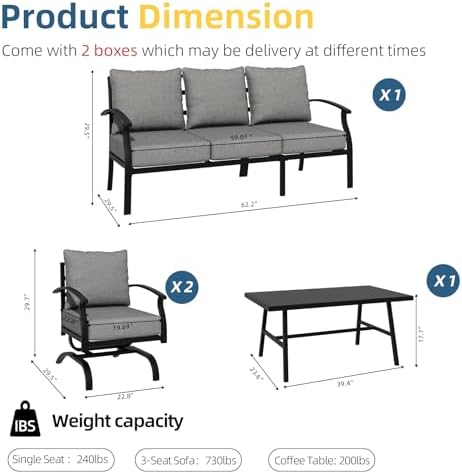 ALAULM 4 Piece Patio Furniture Set,Outdoor Metal Patio Furniture with Coffee ...