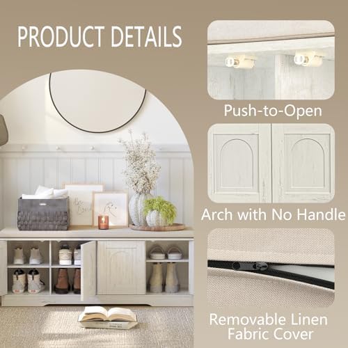 DINZI LVJ Shoe Storage Bench with Cushion, Door, Rustic White 47.2"LX17....