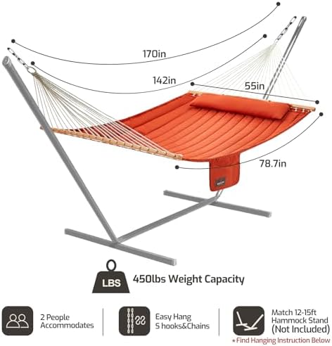 CHULIM Double Quilted Fabric Hammock with Hardwood Spreader Bars and Pillow 4...