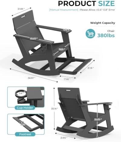 Ciokea Outdoor Rocking Chair with Pull-Out Footrest, Solid Backrest, Grey