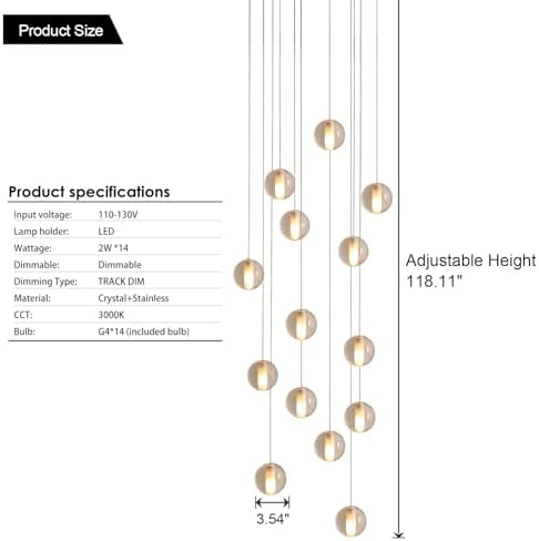 14 Lights Staircase Chandelier for High Ceiling, Dimmable Modern Crystal Rain...