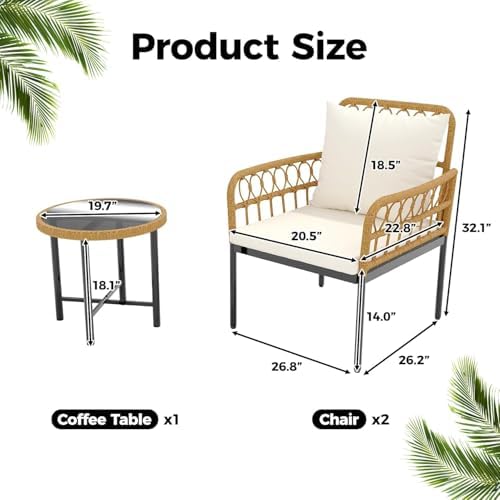 3-Piece All-Weather Wicker Rattan Bistro Patio Furniture Set with Glass Table...