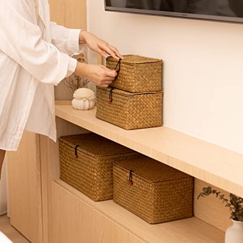 4 Pack, Wicker Baskets with Lids, Natural Seagrass Storage Baskets, Woven Rec...