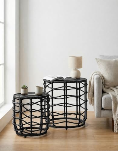 PARTPHONER Boho Solar Outdoor Side Table with Built-in Lights Set of 2, All-W...