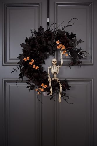 20" Pre-lit Halloween Black Moon Wreath with Poseable Skeleton, Handmade...