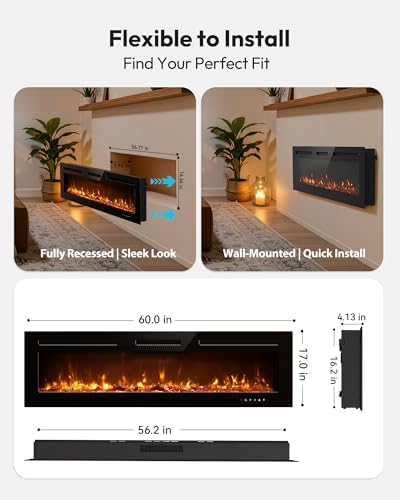 EUHOMY 60 Inch Electric Fireplace Recessed Wall Mounted