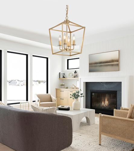 Industrial 4 Lights Chandelier, Gold Lantern Ceiling Light Fixtures with Rust...