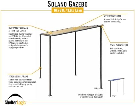ShelterLogic Solano 10' x 6' Outdoor Gazebo Canopy, Slanted Roof Shad...