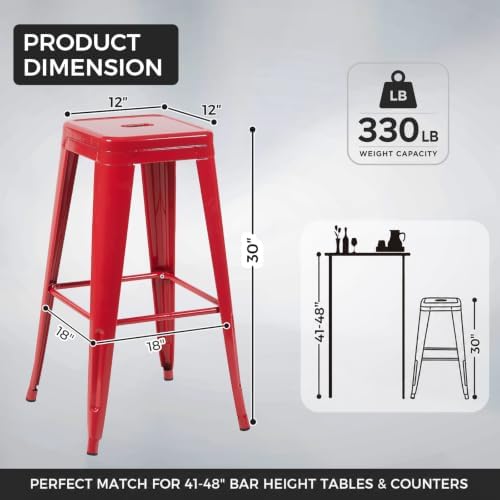 30 Inch Red Metal Bar Stools, Set of 6, Backless